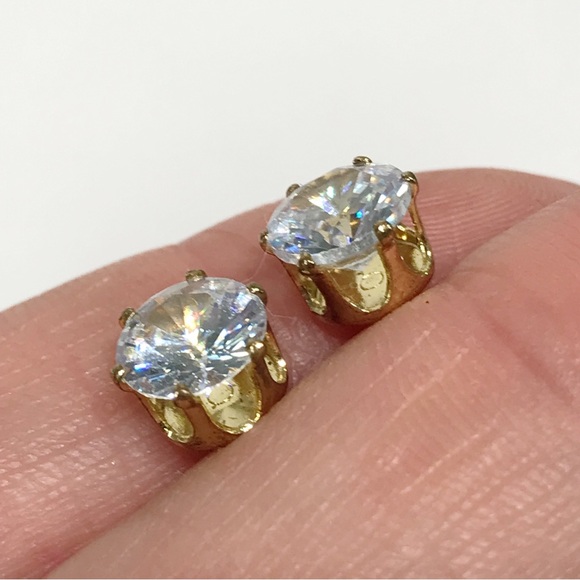 Vintage C&L 7mm Round Cut Prong Set CZ Stud Post Earrings Gold Tone Stainless - Picture 9 of 16